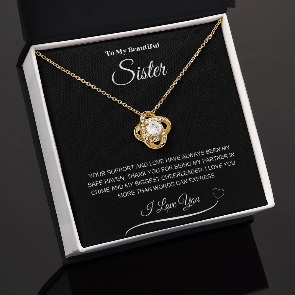 "To My Beautiful Sister" Love Knot Necklace (Black Message Card)