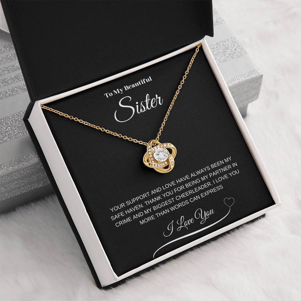 "To My Beautiful Sister" Love Knot Necklace (Black Message Card)