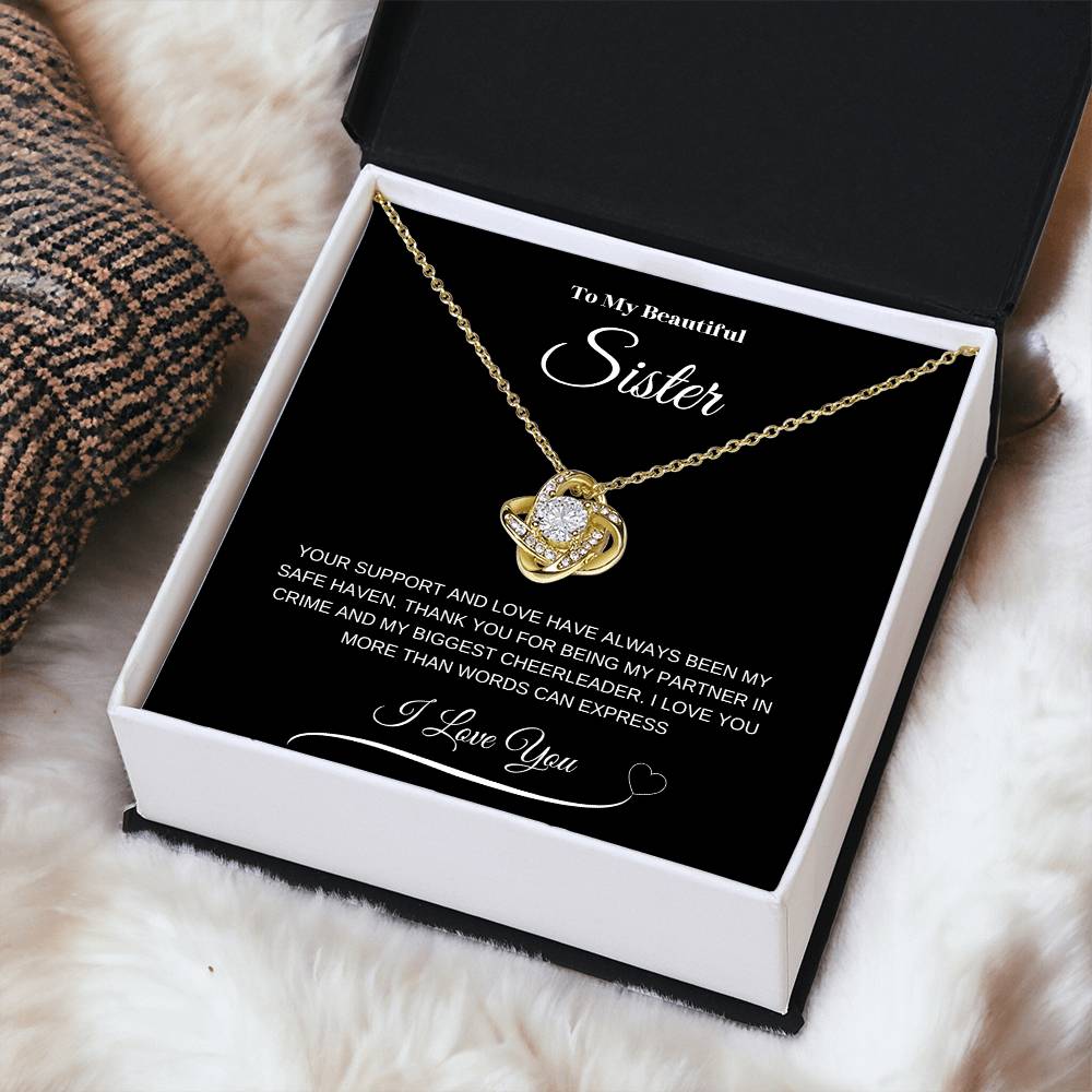 "To My Beautiful Sister" Love Knot Necklace (Black Message Card)