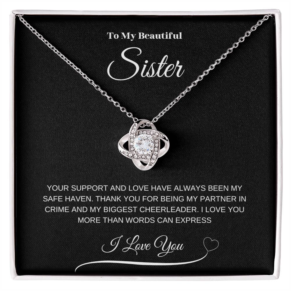 "To My Beautiful Sister" Love Knot Necklace (Black Message Card)