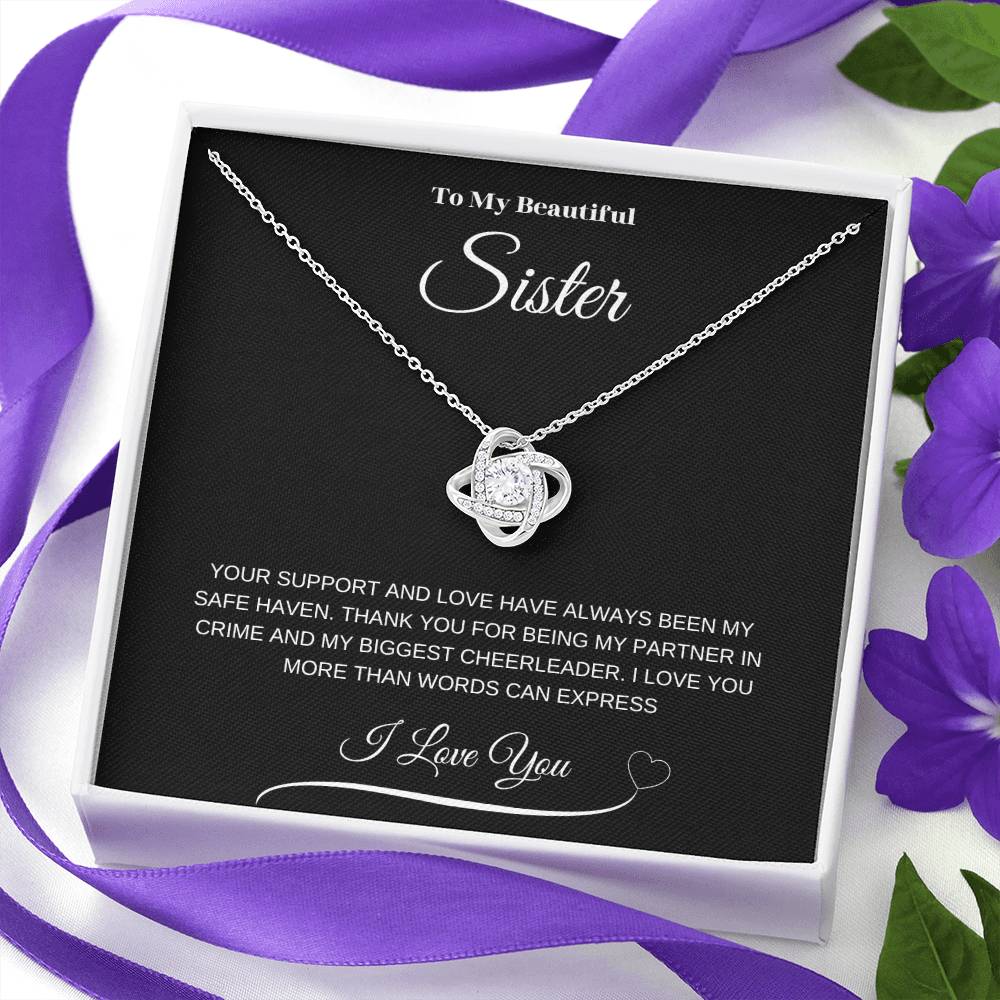 "To My Beautiful Sister" Love Knot Necklace (Black Message Card)
