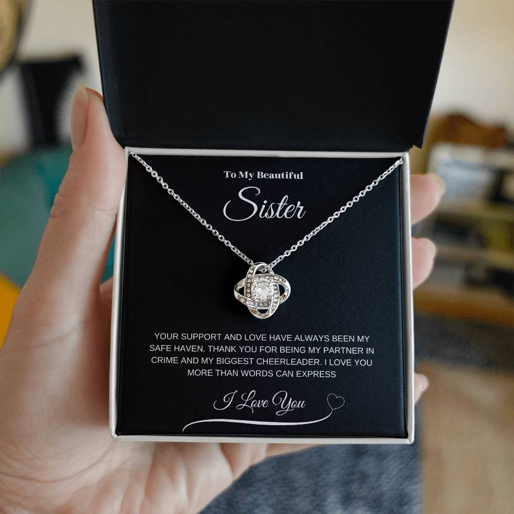 "To My Beautiful Sister" Love Knot Necklace (Black Message Card)