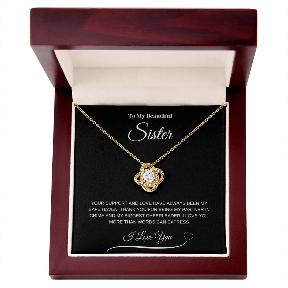 "To My Beautiful Sister" Love Knot Necklace (Black Message Card)