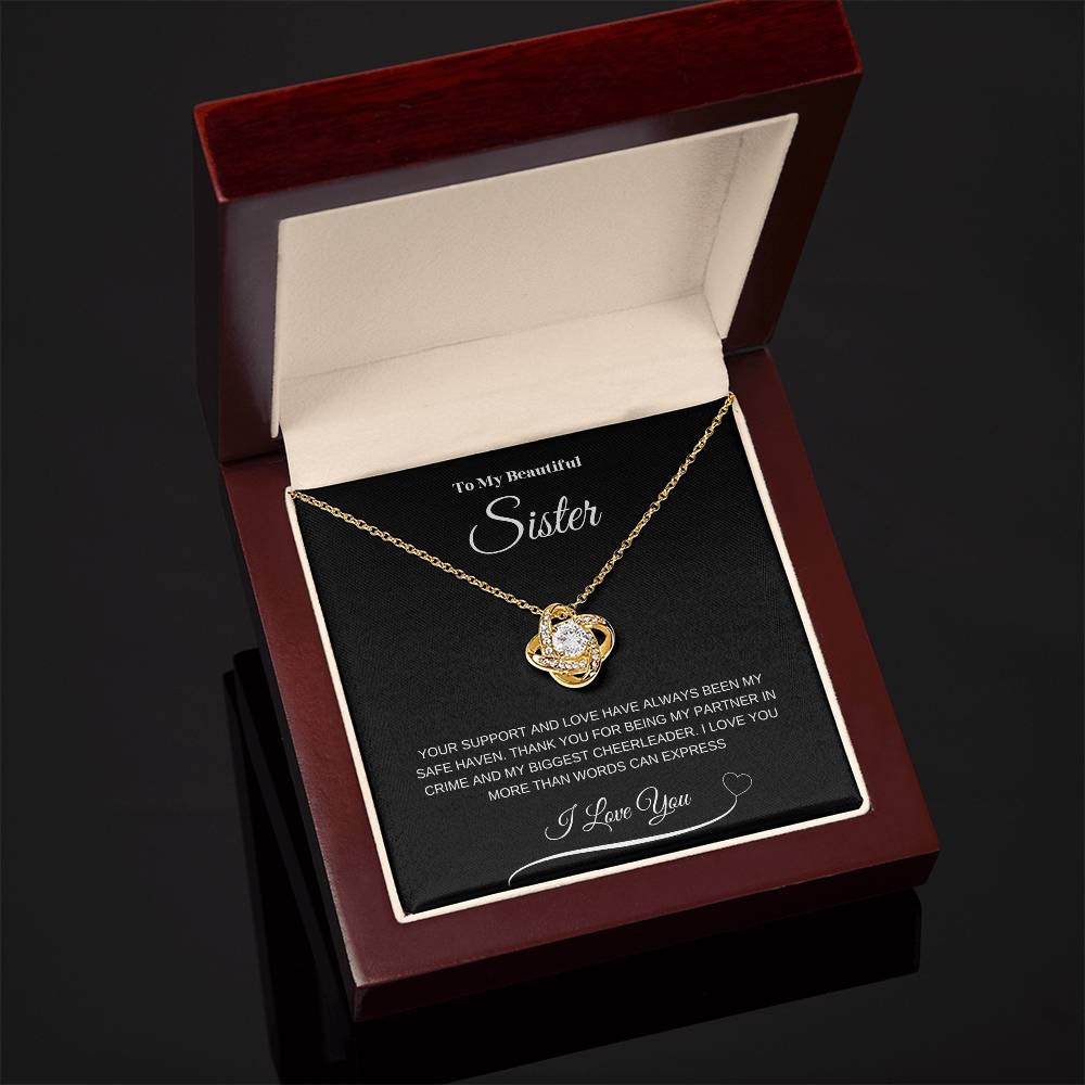 "To My Beautiful Sister" Love Knot Necklace (Black Message Card)