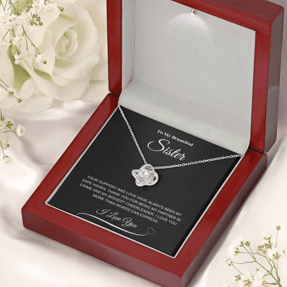 "To My Beautiful Sister" Love Knot Necklace (Black Message Card)
