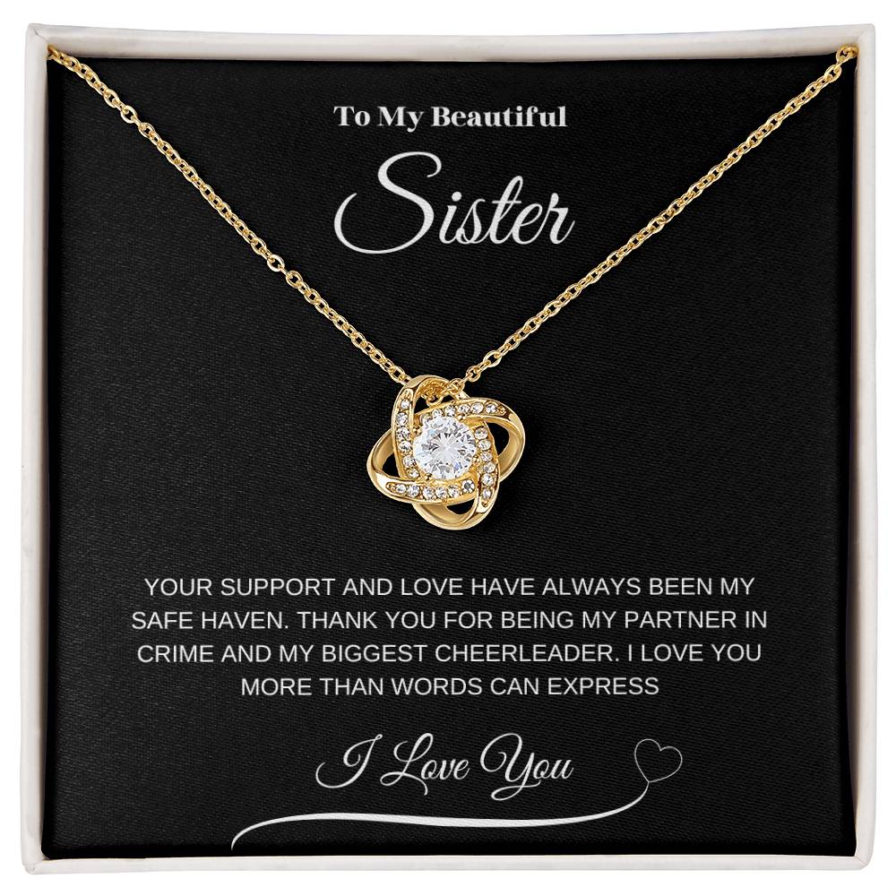 "To My Beautiful Sister" Love Knot Necklace (Black Message Card)