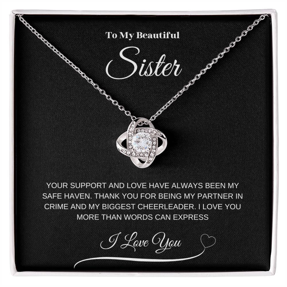 "To My Beautiful Sister" Love Knot Necklace (Black Message Card)