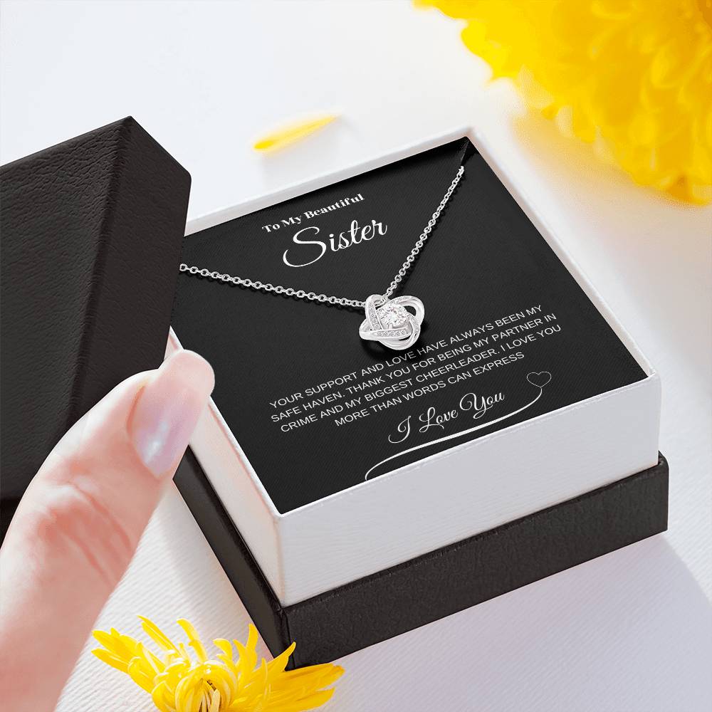 "To My Beautiful Sister" Love Knot Necklace (Black Message Card)