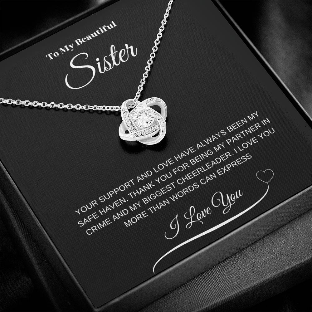 "To My Beautiful Sister" Love Knot Necklace (Black Message Card)