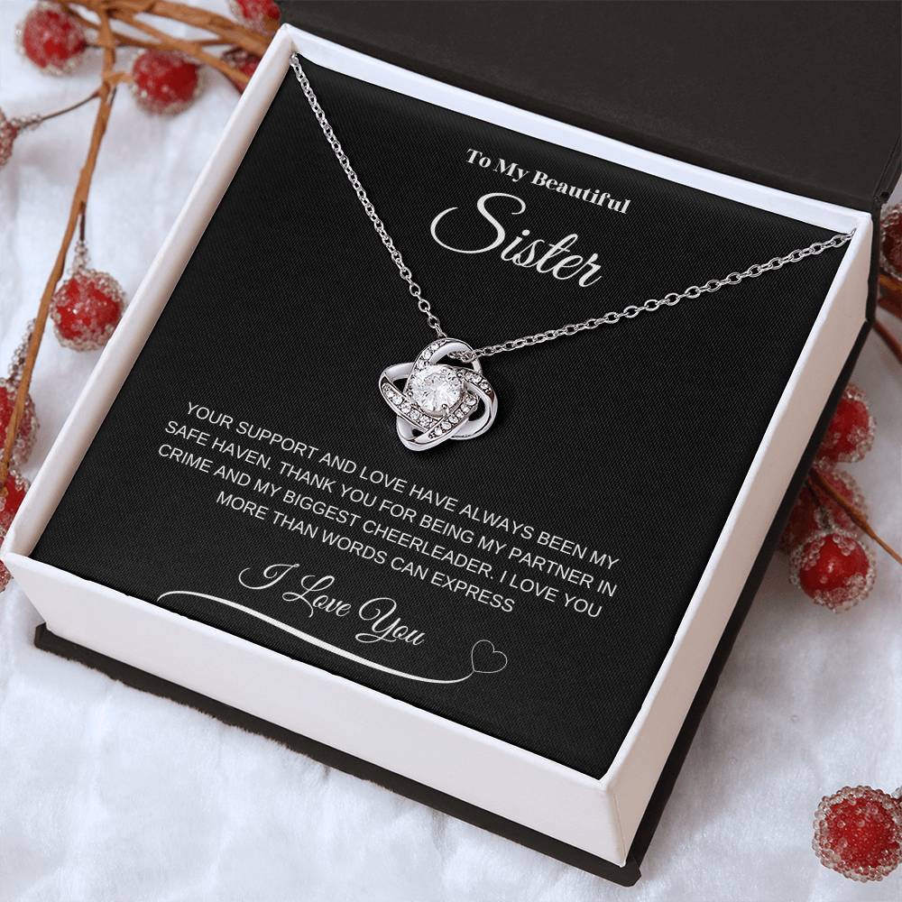 "To My Beautiful Sister" Love Knot Necklace (Black Message Card)