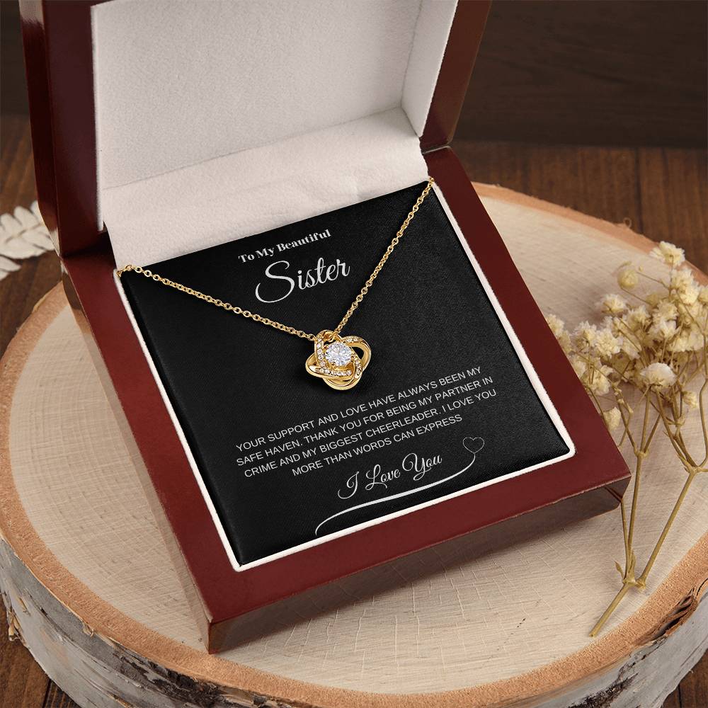 "To My Beautiful Sister" Love Knot Necklace (Black Message Card)