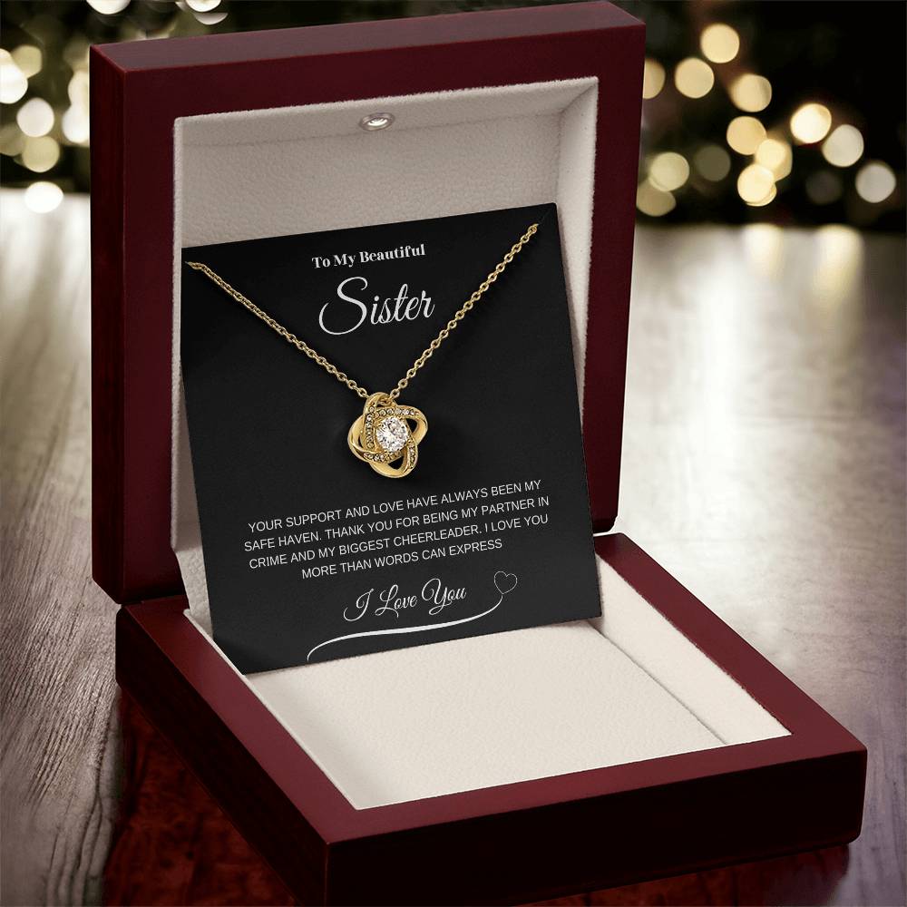 "To My Beautiful Sister" Love Knot Necklace (Black Message Card)