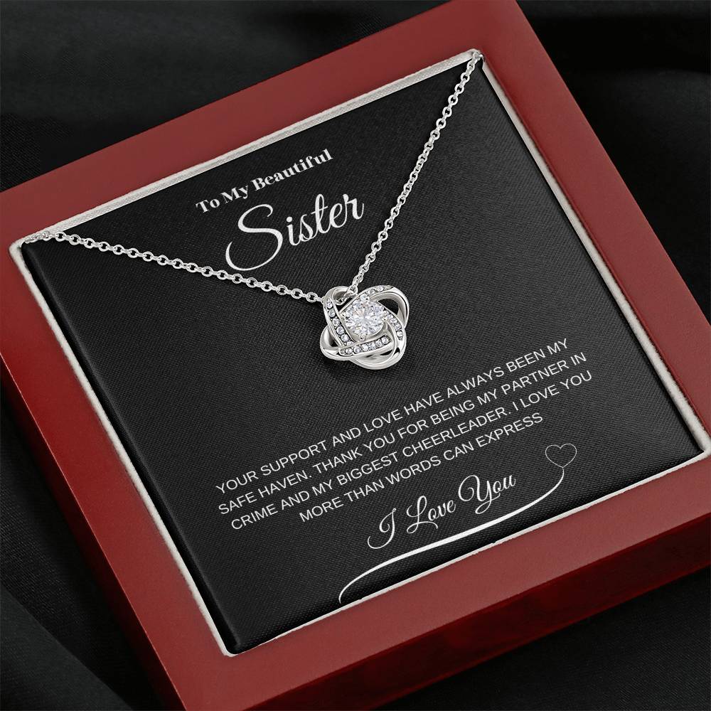 "To My Beautiful Sister" Love Knot Necklace (Black Message Card)